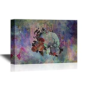 Canvas Wall Art - Skull with Flowers on Abstract Color Background - Gallery Wrap Modern Home Art | Ready to Hang - 12x18 inches