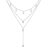WangGao Stainless Steel Crystal Star Choker Tassel Handmade Y Shape Long Pendant Multilayer Necklaces 3 Layer Chains Necklaces Set for Women,Silver