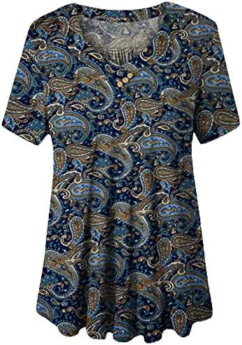 Women’s Plus Size Short Sleeve Henley Shirt V Neck Floral Blouses Tunic Tops M-4XL