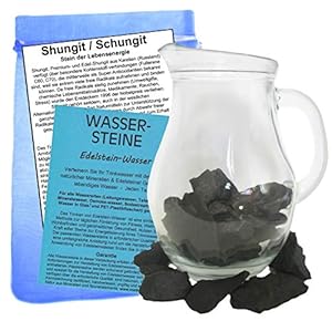 Schungit (Shungite) WASSERSTEINE für EDELSTEINWASSER – EDELSTEINE zum WASSER energetisieren mit 1L Glaskrug. 4-tlg SET…