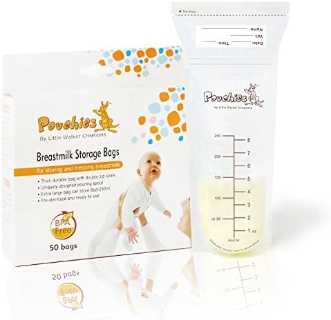Pouchies Breastmilk Storage Bags - 50 Count, 8oz / 250ml, BPA Free, Pre-Sterilized, Safety Sealed, Leak Proof Double Zip Seal