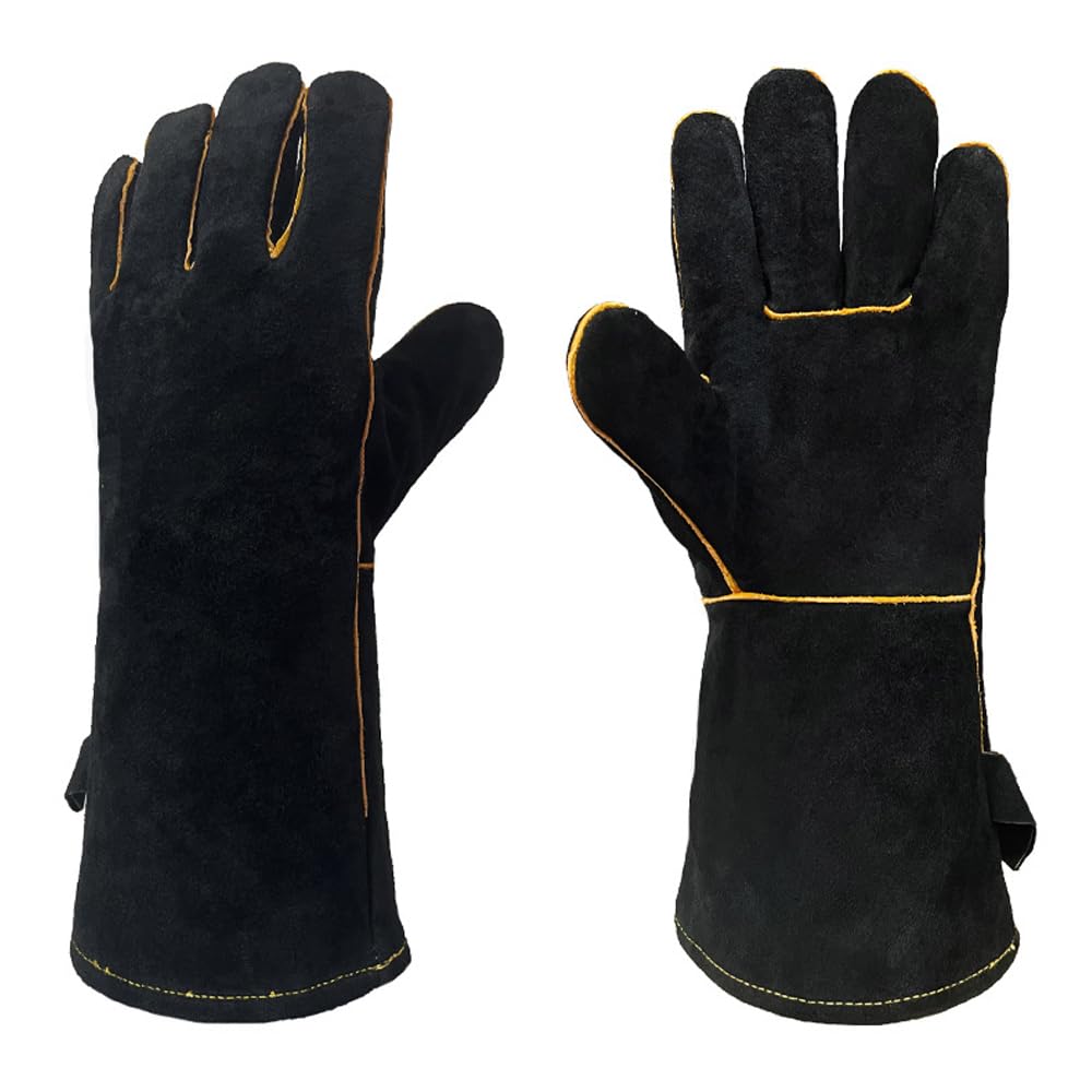 YANGUN Welding Gloves, 16'' Leather BBQ Gloves, Leather Welding Glovess, Fire Glovess for Log Burner, Fire and Heat Resistant Glovese, Heat Proof Fire Glovese for Baking,Oven,Welders,Gardening (Black)