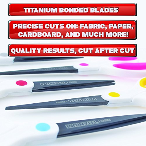 Best Titanium Scissors - 5 Pack - 8" Blade - (STRONG TITANIUM STEEL) - Comfortable Soft Handles in a Variety of Colors - Multi-Purpose Shears - Perfect for Cutting Paper, Fabric, Photos, & More