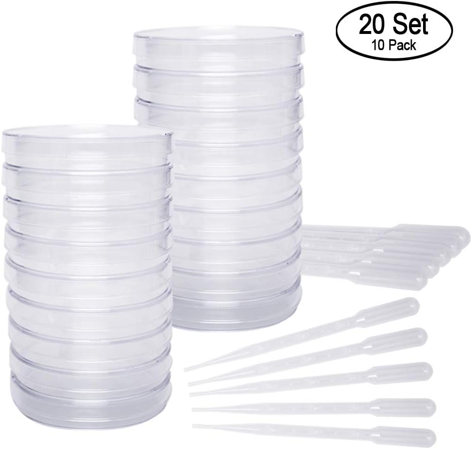 20 Set Sterile Plastic Petri Dish with Lid Come with 10 Pack of 3ml Plastic Transfer Pipettes, Great Kit for School Science Project, Laboratory, Biological