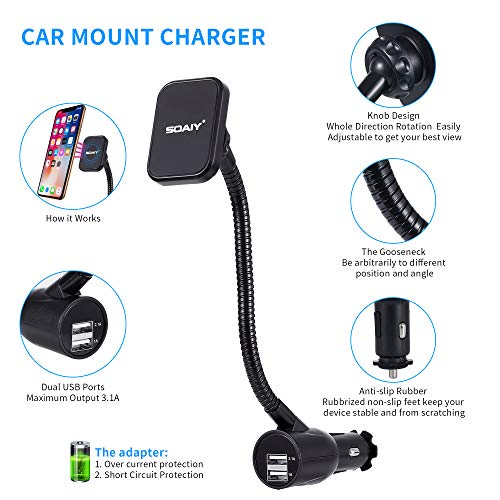 SOAIY 3-in-1 Cigarette Lighter Magnet Car Mount + Car Charger + Voltage Detector,Car Holder Cradle w/Dual USB 3.1A Charger,Display Voltage Current Compitable with iPhone8 X 6s 6 5s Samsung S8 S7 S6