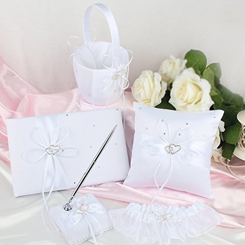 Wedding Flower Girl Basket Rings For Ring Bearer Pillow Garter Guest Book Pen Wedding Set Decoration Ribbon Ceremony Party Favors For Guests (Double Heart Ivory) - Thumbnail 2