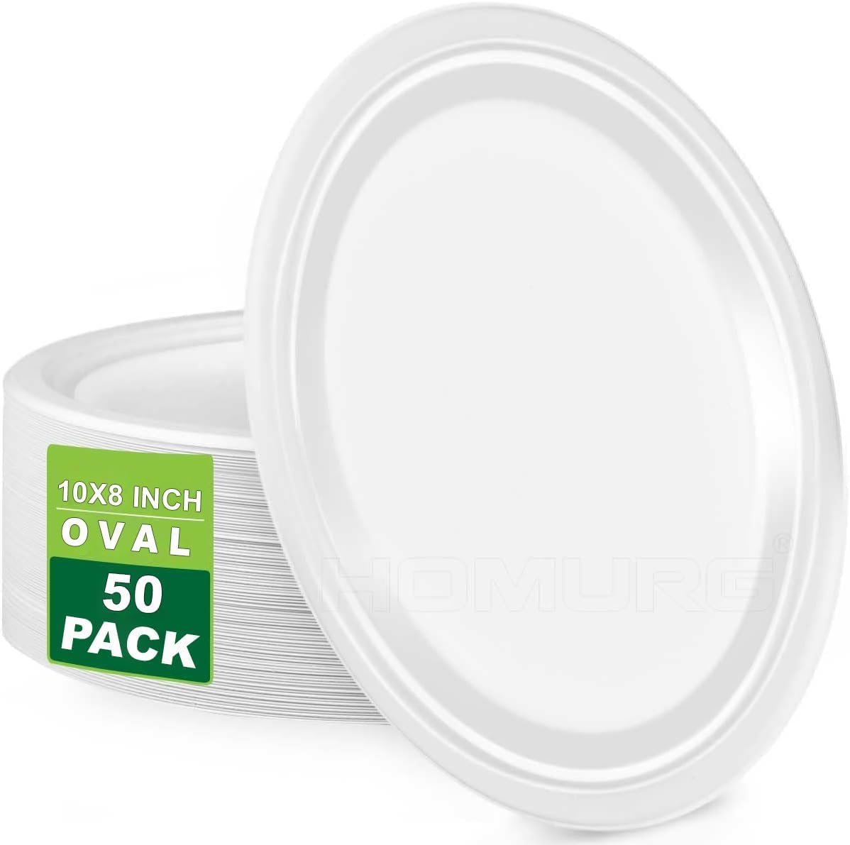 50 PACK 10"x 8" Strong Disposable Bagasse Plates Oval USED for HOT & COLD FOODS Ecofriendly Party Plates, Microwave Safe, Large Disposable Plates, Strong Dinner Plates, STRONG LUNCH PARTY PLATES
