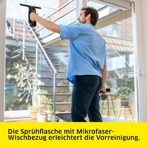 Kärcher WV 2 Universal Precision+ Black Cordless Window Vacuum Cleaner, Battery Life: 35 min, Dirty Water Tank: 120 ml, 2 Suction Nozzles, Spray Bottle with Microfibre Mop Cover, 20 ml Window Cleaner