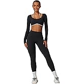 ABOCIW Workout Sets for Women Long Sleeve Crop Top Scrunch Butt Lifting High Waist Leggings with Pockets 2 Piece Outfits