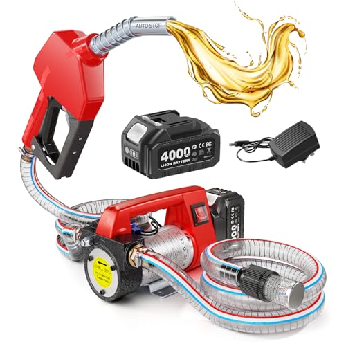 TaskStar Fuel Transfer Pump Battery Powered, 21V DC Cordless Diesel Transfer Pump Kit w/ 1X4.0Ah Battery, 12GPM Portable Self-Priming Pump Kit w/Nozzle&Hose Auto Shut Off for Diesel & Kerosene