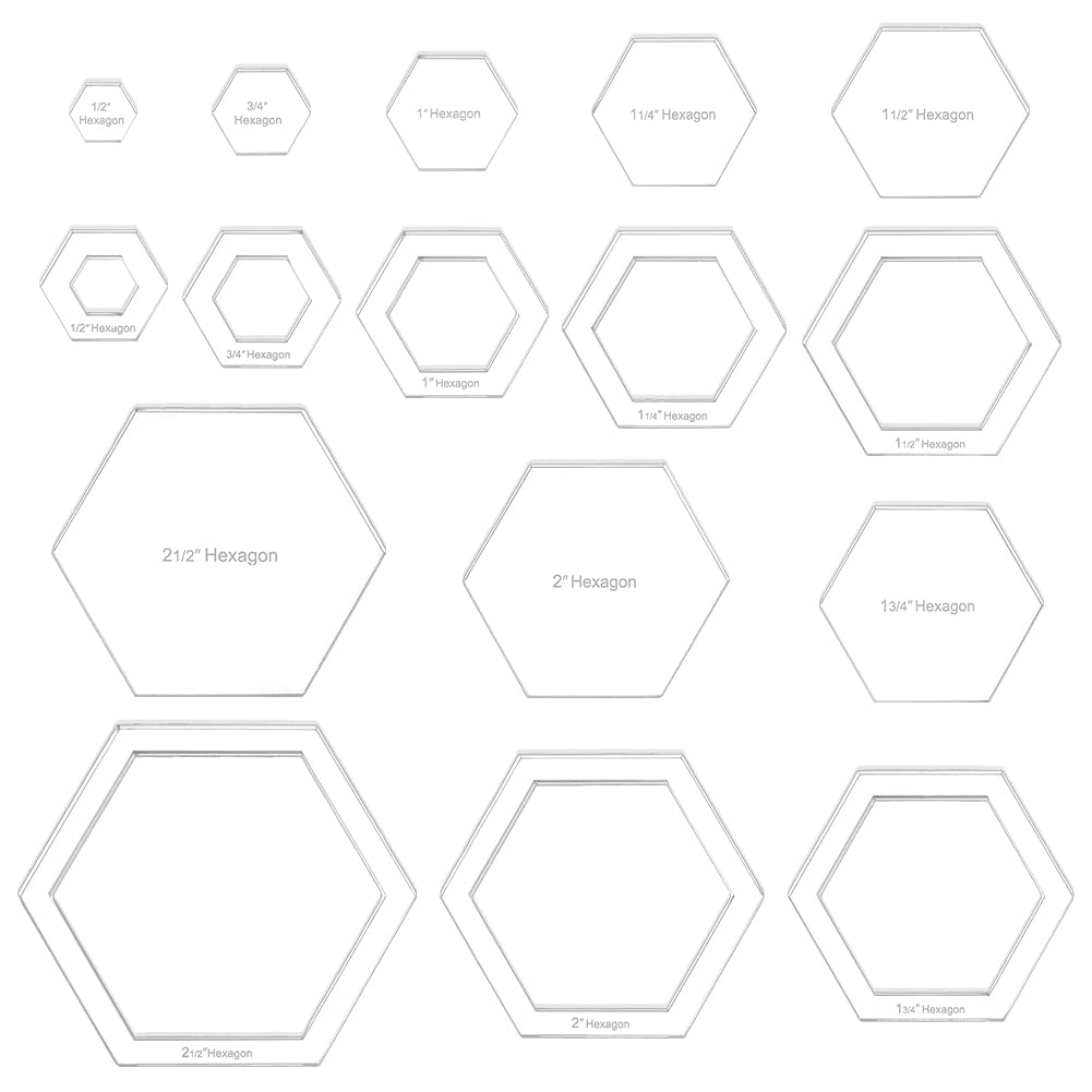 BENECREAT 16 Sizes Hexagon Quilting Template, Acrylic Intricate Sewing Machine Ruler, Transparent Pressure Plate Router Template for DIY Hand Patchwork Cutting Craft, 6mm Thick