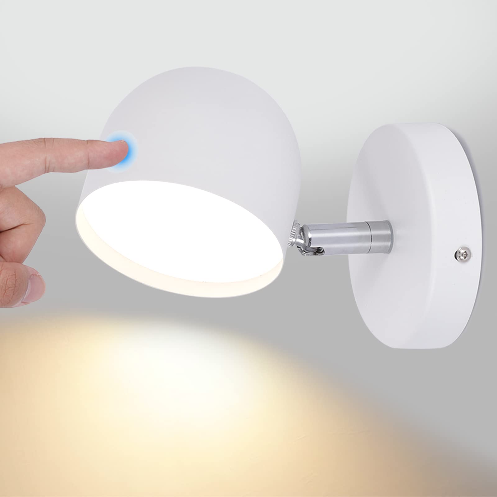 KAWELL Indoor LED Wall Light Touch Sensitive LED Reading Wall Lamp Stepless Dimming LED Wall Spotlight 350° Free Rotation for Bedroom Bedside Living Room Stairs Hallway Corridor, White 3000K