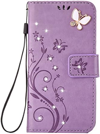 LG K7 Case LG K8 Case/ LG Tribute 5 Case /LG Escape 3 Case/LG Phoenix 2 Case Luxury 3D Handmade Bling Crystal Rhinestone Butterfly Floral Embossed PU Flip Card Wallet Leather Case Cover (Purple)