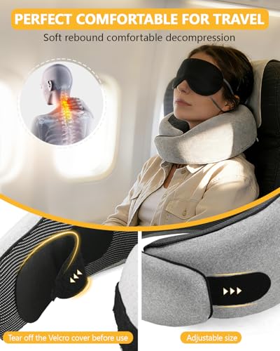 Memory Foam Travel Neck Pillow, Ergonomic Cervical Support Pillow, Removable Washable Cover Neck Pillow for Airplane Car Road Trip Office Naps Camping (Light Grey)