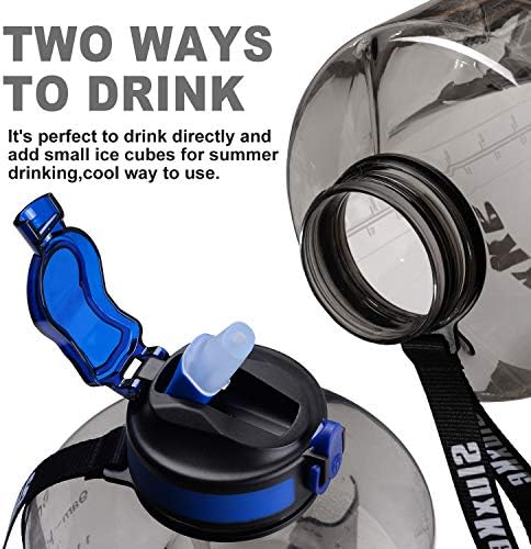 Blue plastic water bottle with a textured surface, featuring a black lid and a clear body displaying measurement markings.