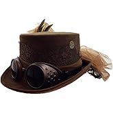 Atiitude Studio Brown Steampunk Fedora Hat - Stylish Victorian Hat with Steampunk Googles, Feather For Hat and Decorative Lace, Fancy Steampunk Accessories Costume Hat for Halloween, Cosplay Parties