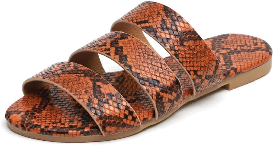 Amazon.com | YYW Women Snakeskin Printed Sandals PU Leather Snake Skin Flat Slide Sandals Comfy 