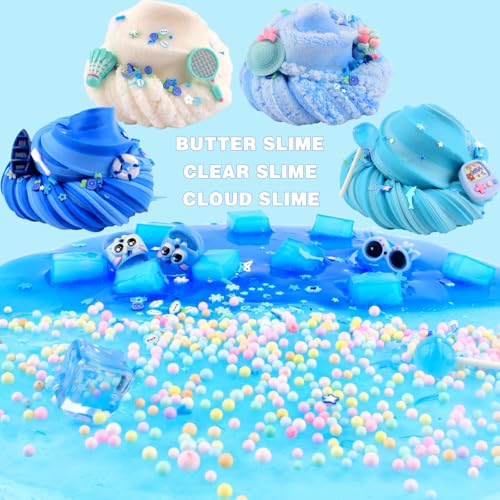 Petyuioyu Slime Set of 6 for Children, 6 x 60 ml Blue Slime Toy with Cloud Slime, Butter Slime & Clear Slime, 12 Accessories & 6 Decorative Bags, Soft, Stretchy, DIY Gift for Boys and Girls
