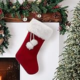 EDLDECCO 20.5 inch Snowy White Cozy Faux Fur Christmas Stocking with Little Faux Fur Ball for Holiday Party Decorations Gift-One Piece (White and Red)