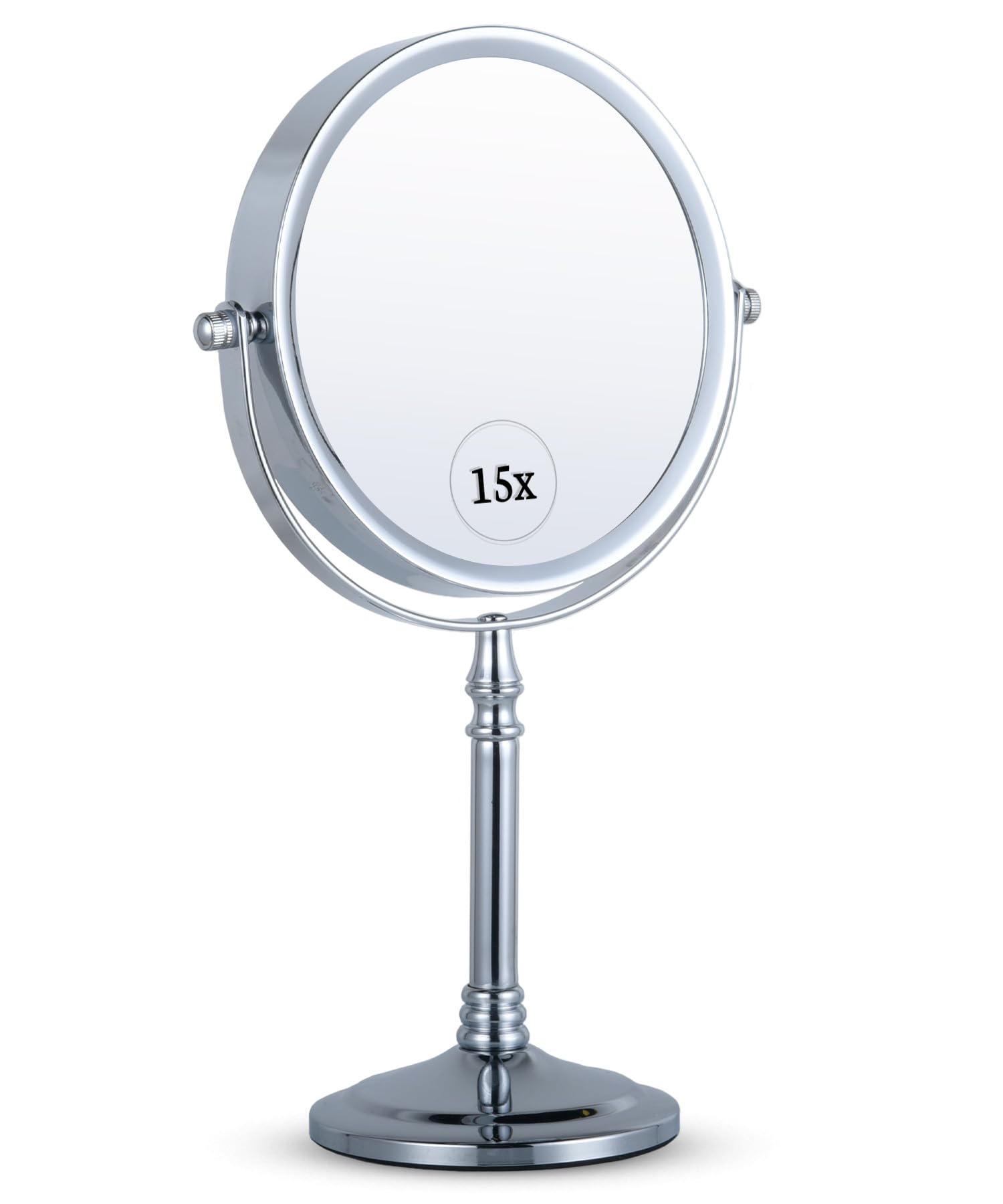 Photo 1 of MIRRORVANA 15X Magnifying Makeup Mirror with Stand - Double-Sided 15X/1X Design - Suitable for Vanity Desk, Dressing Table, or Bathroom Countertop for Precise Make Up - 12" High x 6" Wide (Chrome)