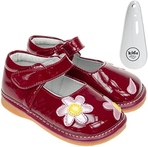 FREYCOO - Girls Toddler Childrens Kids Faux Leather Squeaky Shoes Patent Red - Wide Fit with Velcro - with Shoe Horn