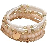 Zian Bohemian Stackable Beaded Bracelet Set for Women Colorful Adjustable Layered Bead Stretch Bracelets with Coin Charm Summer Beach Jewelry Gift