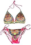 VonFon Flower Printing Push Up Top & Triangle Bottom Women Swimwear Bikini Pink Small