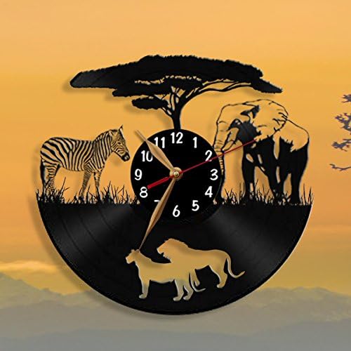 Africa Zebra Lions Wall Clock, Vinyl Record Clock 12 inch (30cm) / Laser cut of Vintage Vinyl Record (Black clockface, Arabic digits)