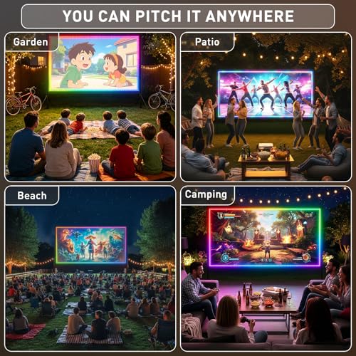 150 inch Projector Screen with Stand, USB String Lights Connection 16:9 4K HD Portable Movie Screen Indoor Outdoor,Wrinkle-Free Foldable Projection Screen for Home Theater Backyard, Office, Travel
