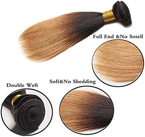 Fashion Lady Hair 300g Silky Hair Dark Roots Honey Blonde Black End Hair 1B#27 Straight Ombre Human Hair 3 Ombre Bundles with Closure Brazilian Hair Extensions 100% Remy Virgin Hair Weave Straight Hai