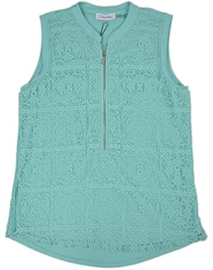 Women's Floral Lace Mixed Media Zipper Front Top Light Sea Blue Small