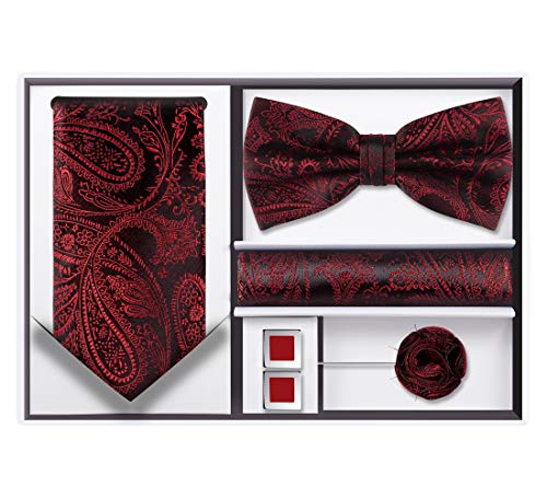 Tie G .5pcs Tie set in a gift box : Tie sets : Solid color Neck tie,Satin Bow tie,Pocket Square, Lapel, Cuffs link (Red,Black Pailsey) - Thumbnail 5