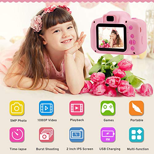 PROGRACE Kids Camera Digital Video Cameras for Kids Boys Birthday Toy Gifts Toddler Video Recorder Children Camera 2 Inch IPS with SD Card-Pink