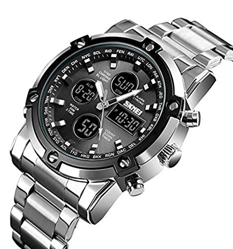 Stainless Steel Strap Outdoor Sport Watch Analog Digital LED Dual Time Display Mens Watch (Silver Black)