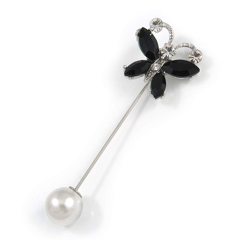 Small Black/Clear Crystal Butterfly with Pearl Bead Lapel, Hat, Suit, Tuxedo, Collar, Scarf, Coat Stick Brooch Pin in Silver Tone - 60mm L
