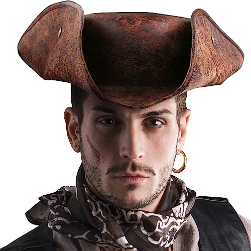 Srnede Pirate-Hat Women Tricorn Brown Pirate Men Leather Faux Leather Vintage Wrinkle Distressed