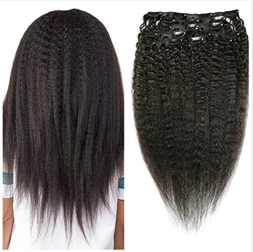 Kinky Straight Hair Clip In Human Hair Extensions 100% Human Natural Black Color Hair Clip Ins Full Head Brazilian Virgin Remy Hair 8PC/Set 100G 12"-26" for Black Women (12INCH/30CM)
