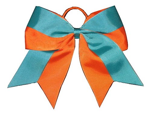 NEW "Two-Tone ORANGE & TEAL" Cheer Bow Pony Tail 3 Inch Ribbon Girls Hair Cheerleading Dance Practice Football Games Uniform Elastic