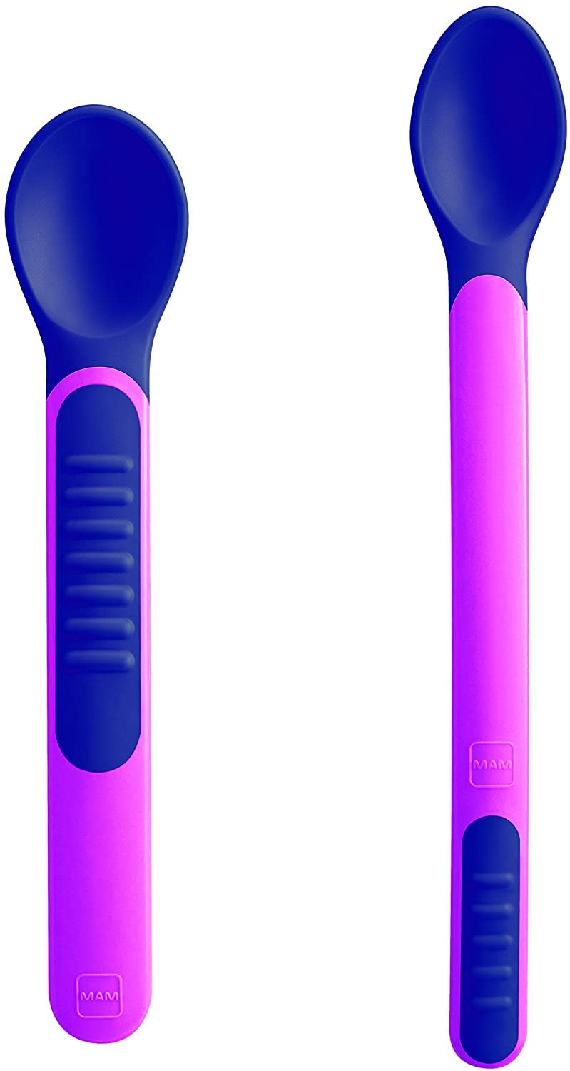 MAM Heat Sensitive Feeding Spoons and Cover, Two Sizes, Colour Change Baby Feeding Spoons, Part of The Baby Cutlery Range, Baby Weaning Essentials, Pink
