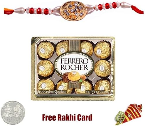 Beaded Om Rakhi with 12 Piece Ferrero Rocher Chocolate