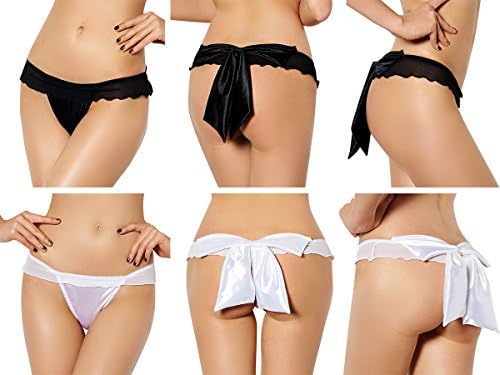 OHYEAHNY 2PCS Women Low Waist Floral Lace Thongs-Big Bow On The Ass Black/White G-Strings