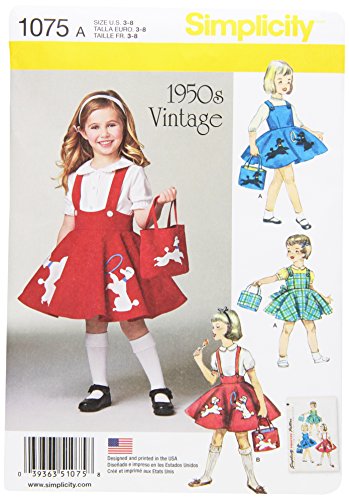 SIMPLICITY 1075 Child's Jumper, Skirt & Bag Sewing Template, Size A (3-4-5-6-7-8)