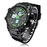 Aposon Mens Outdoor Military Dual Time Digital Analog Quartz Waterproof Wrist Sport Watch with LED Display, 98ft 30M Water Resistant, Multifunctional, Back Light, Alarm, Military 24H Time - Green