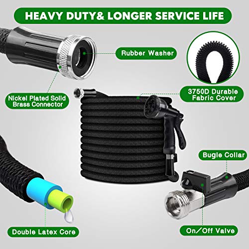 HooSeen Upgraded Expandable Garden Hose, 3/4"100FT Solid Brass Rust Free Connectors, Double Latex Core, Extra Strength 3750D Fabric, Flexible Water Hose, 8 Function Spray Nozzle, Storage Sack, Hanger