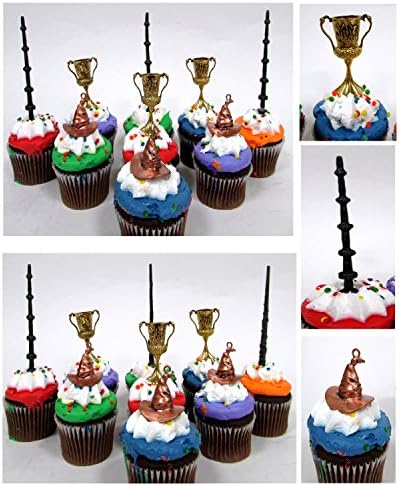 WIZARDING WORLD 9 Piece Birthday CUPCAKE Topper Set, Featuring 3 Random Wands and Wizard Themed Cupcake Toppers - Items Average 1" to 4" Inches Tall
