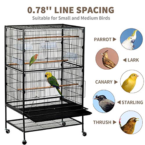 SUNCOO 53 Inch Large Bird Cage Wrought Iron Heavy Duty Flight Cage for Sugar Glider Parrot Budgie Parakeet Cockatoo with Wooden Perch Storage Shelf Rolling Stand Wheels, Bird Aviary Cage Black