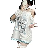 Y2k Harajuku Cartoon Print T Shirts Gothic Women Japanese Fashion Patchwork Off Shoulder T Shirt Kawaii Sweet Tees Tops