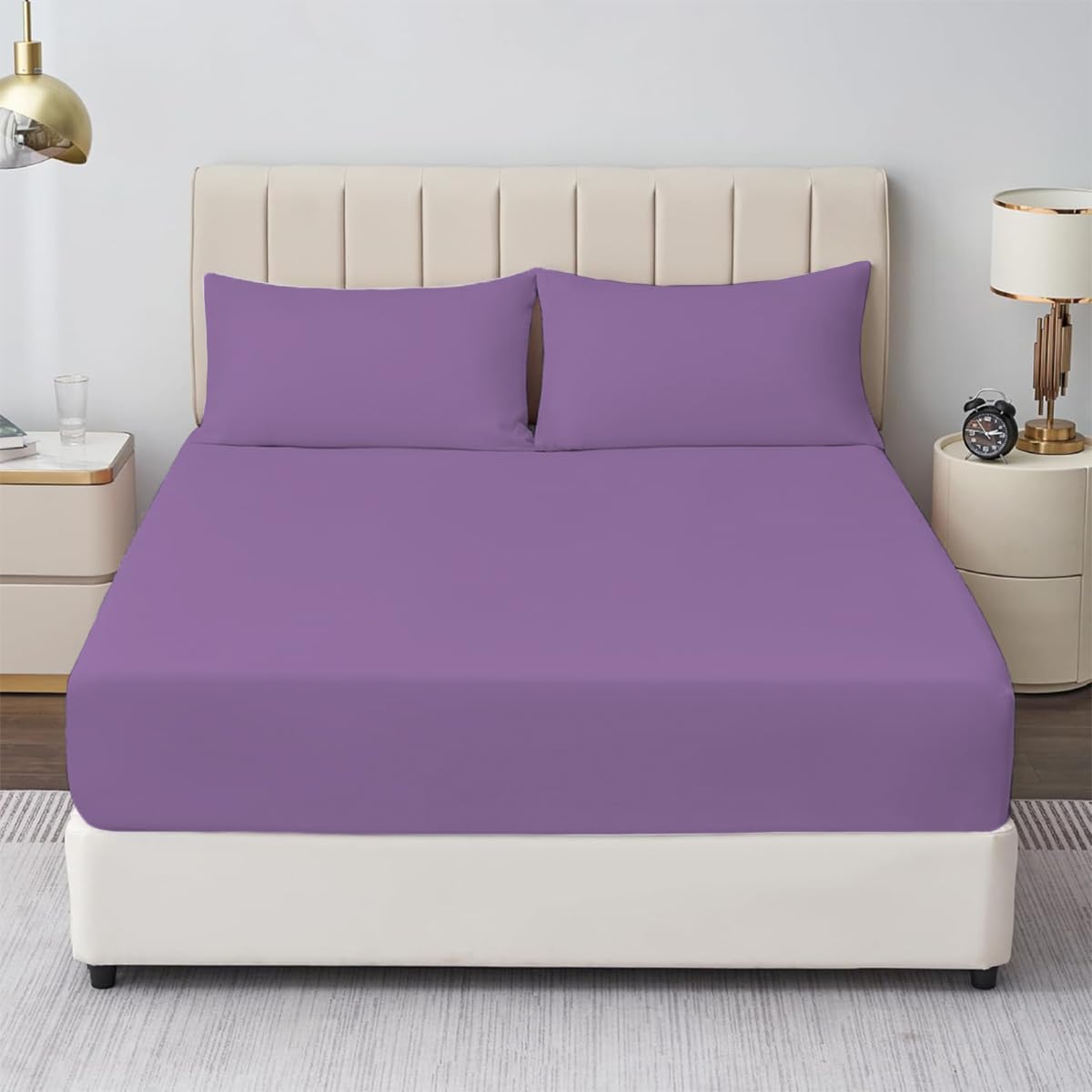 Rohi® King Size Fitted Sheet with Two Pillowcases – 25cm Depth – Pure Polycotton Plain Bedding (King Size Fitted Sheet & Pillowcases, Lilac)