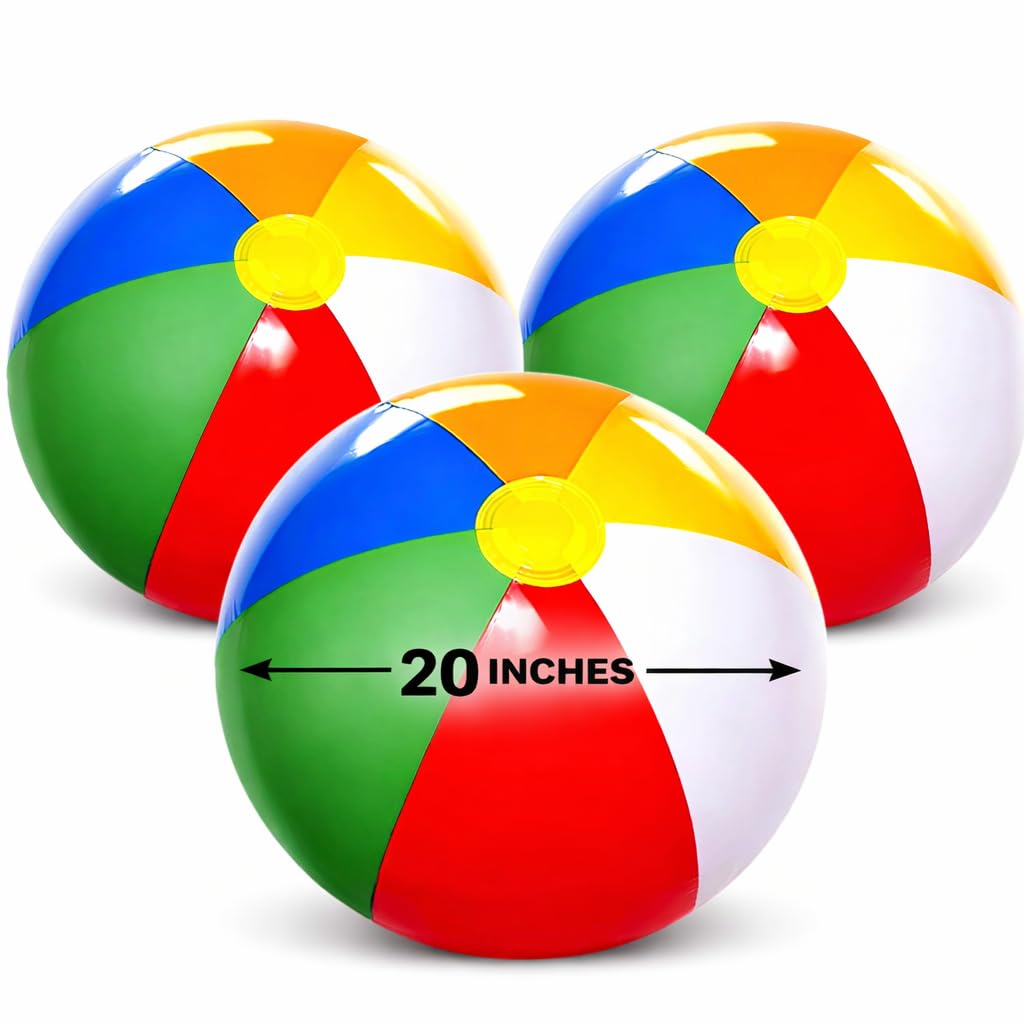 4E's Novelty Beach Balls [3 Pack] 20" Inflatable Beach Balls for Kids - Pool Games Toys for Kids & Toddlers, Classic Rainbow Color, Easter Outdoor Yard Games