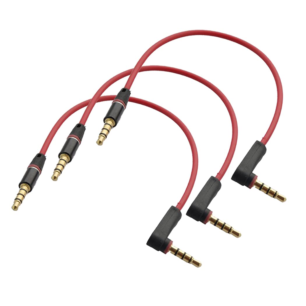 LiKuCo 3Pack 8 inch 4-Pole 3.5mm Right Angle Male to 3.5mm Male Stereo Audio Cable Headset Cable,Aux Cable 90 Degree Male to Male Right Angle Red